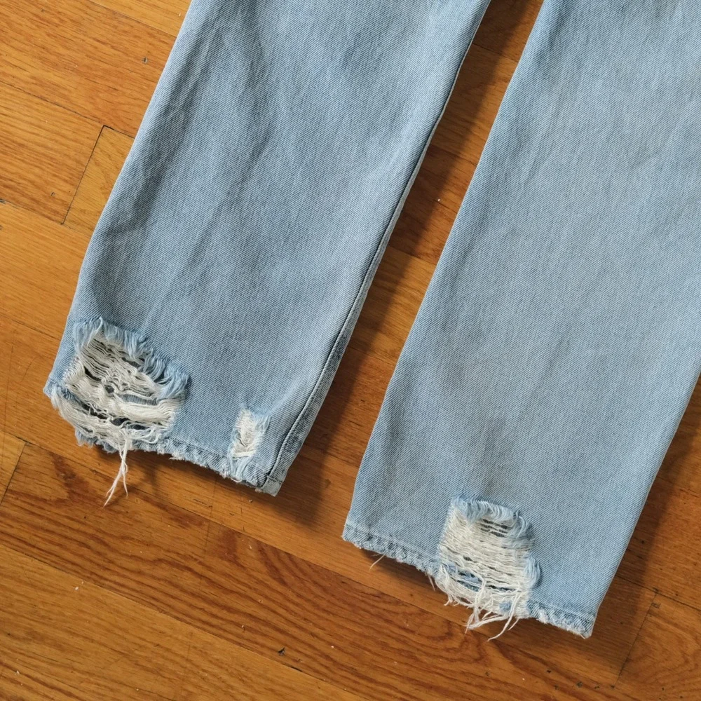 RtA Kallan Straight Leg‎ Jeans Womens Light Blue Distressed Silk Boxer Waist 28